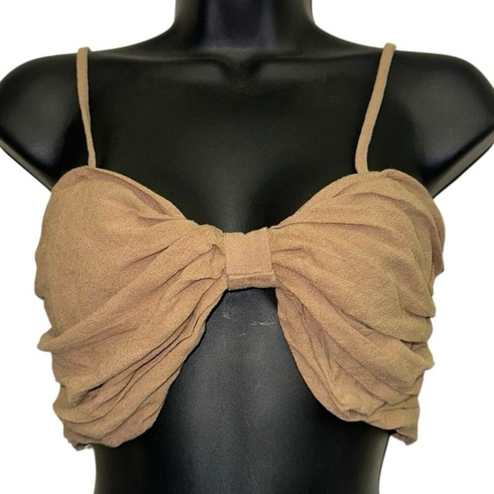 Mable Bow Front Crop Top Beige Smocked Back Cami Bralette Medium